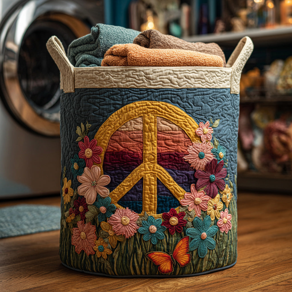 Peace Sign Wildflower Quilted Laundry Basket Premium Quilted Laundry Basket with Sturdy Handles