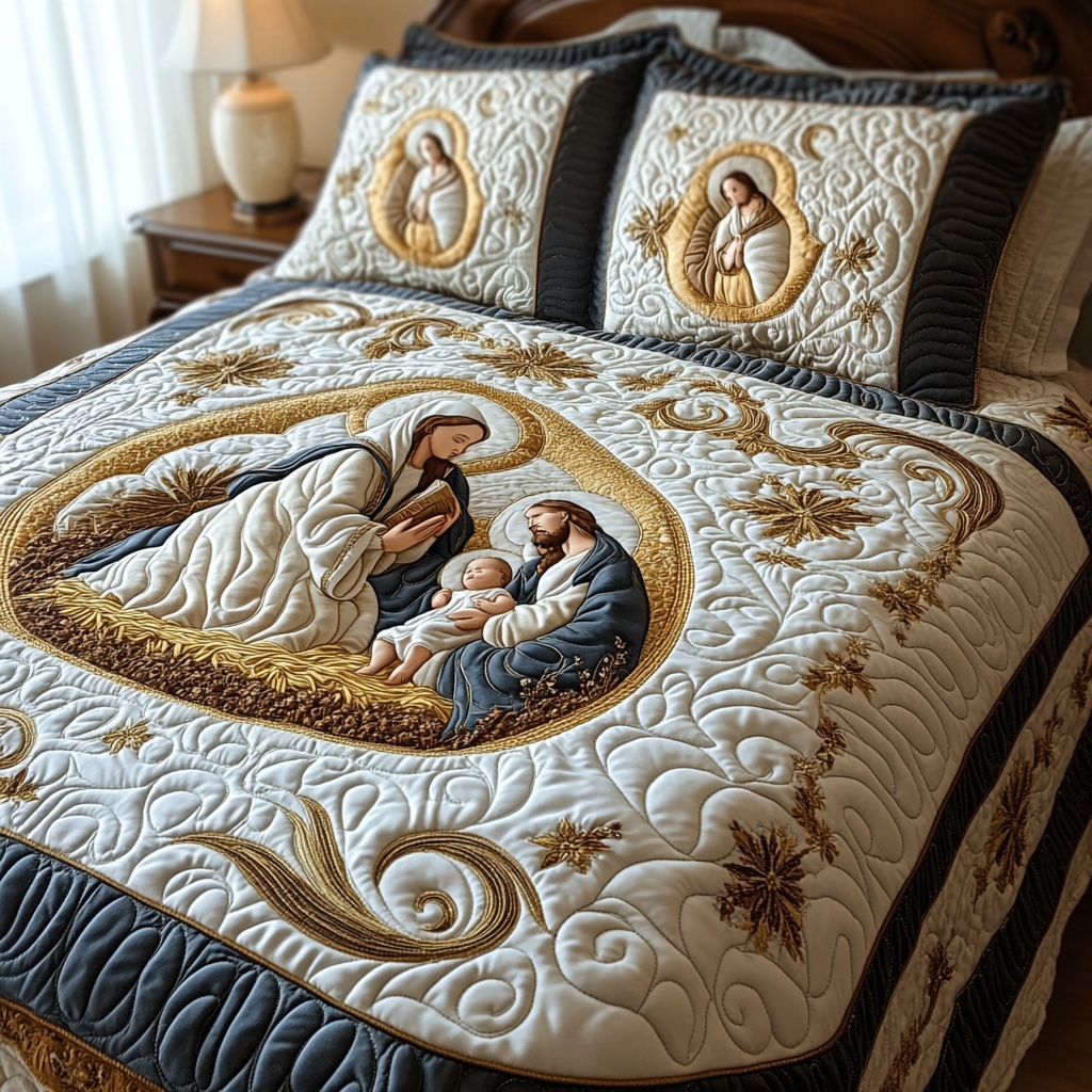 Peaceful Manger Moment Quilted Bedding Set Religious Christmas Decor Gift For Christians