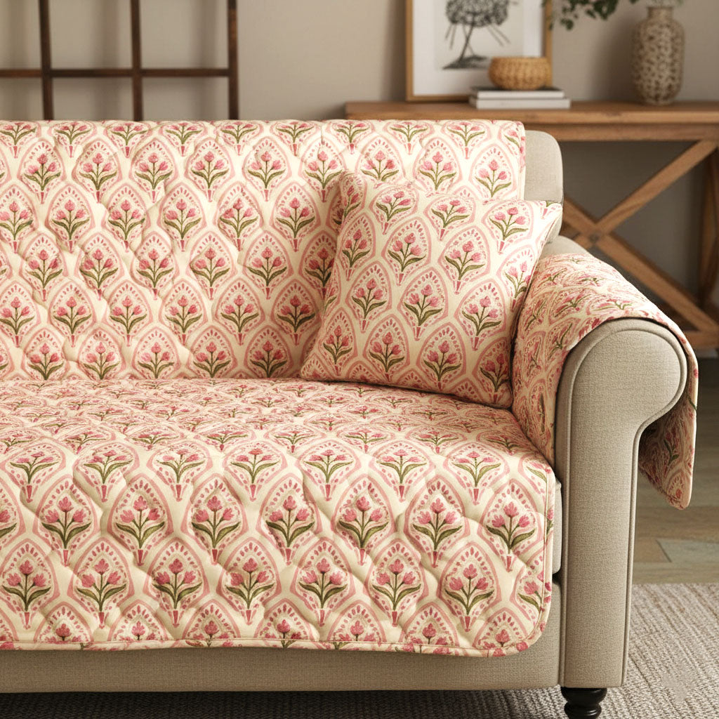 Peach Bloom Quilted Sofa Cover Indoor Decor Online Mother' Day Gifts