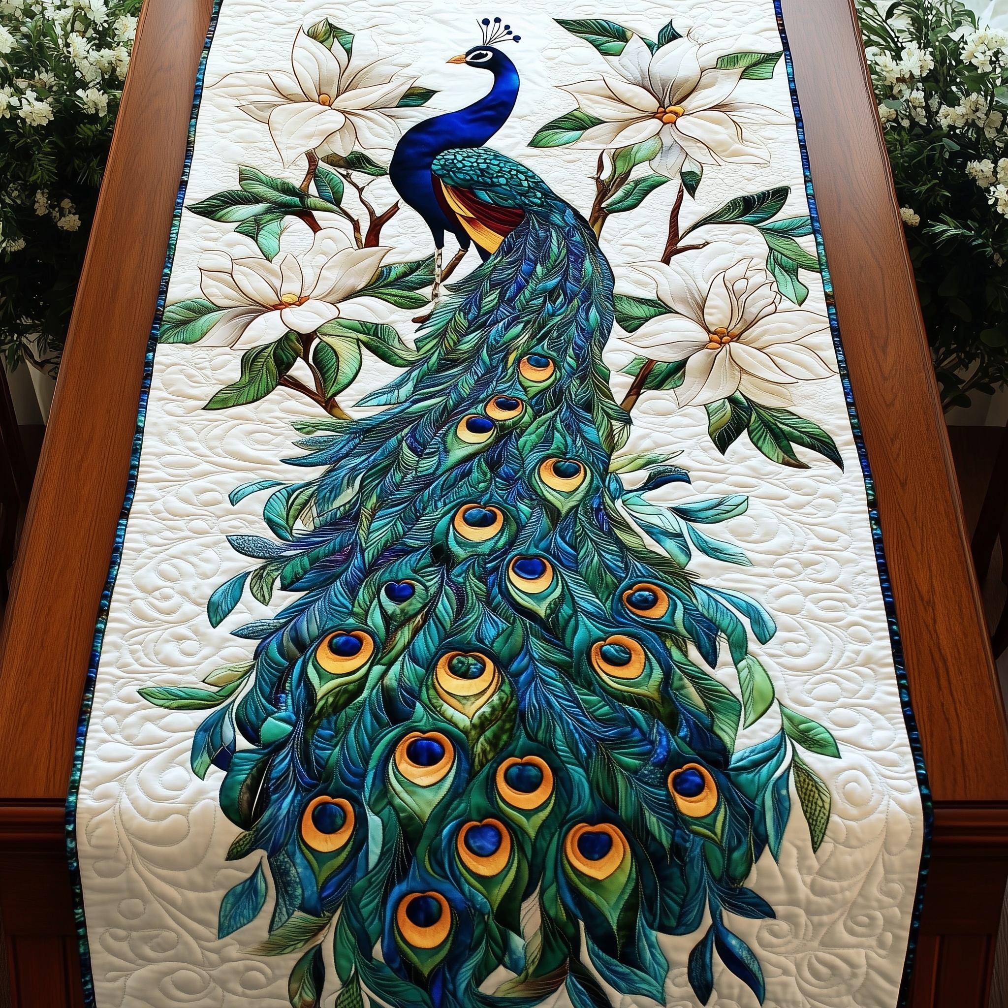 Peacock Garden Quilted Table Runner Rustic Kitchen Dining Decor Gift For Cozy Family Home