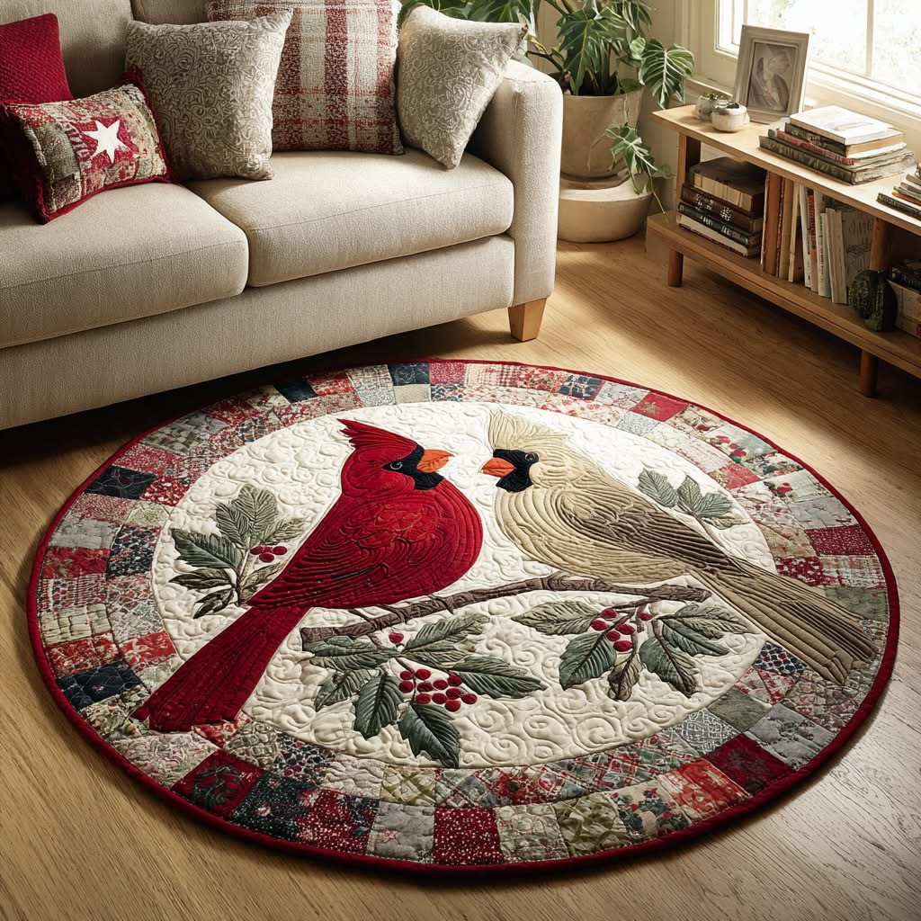 Perching Red Cardinal Christmas Quilted Round Mat Circle Rug Xmas Holiday Decorations Gifts