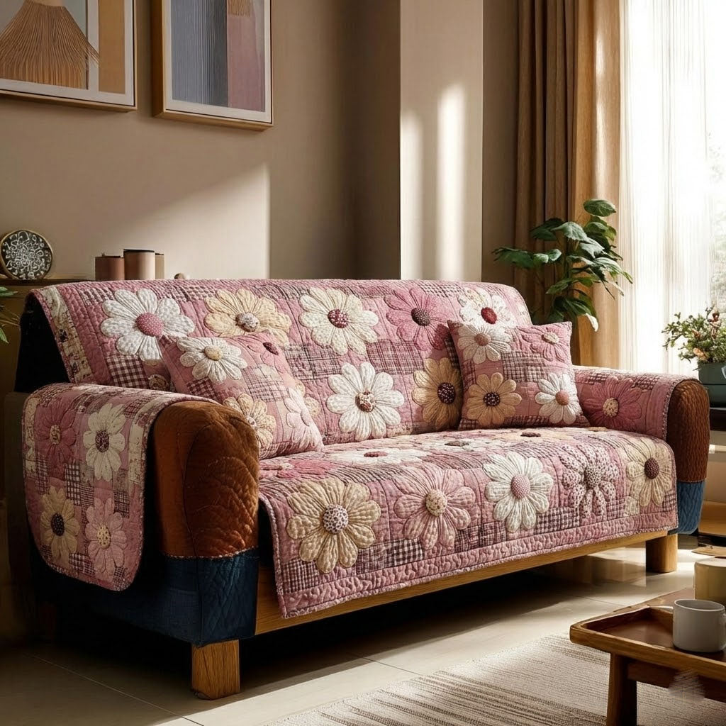 Pink Daisies Quilted Sofa Cover Sofa Saver Covers Mother' Day Special Gifts