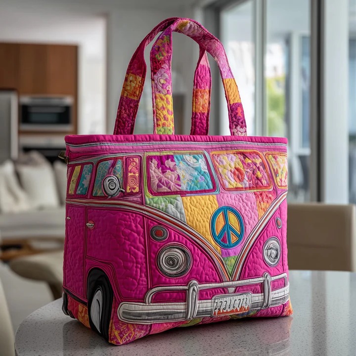 Pink Hippie Van Quilted Tote Bag Hot Pink Peace Sign Bag Best Gift For Boho Women