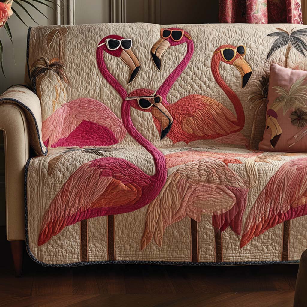 Pink Lagoon Quilted Sofa Cover Home Decorattions Flamingo Presents
