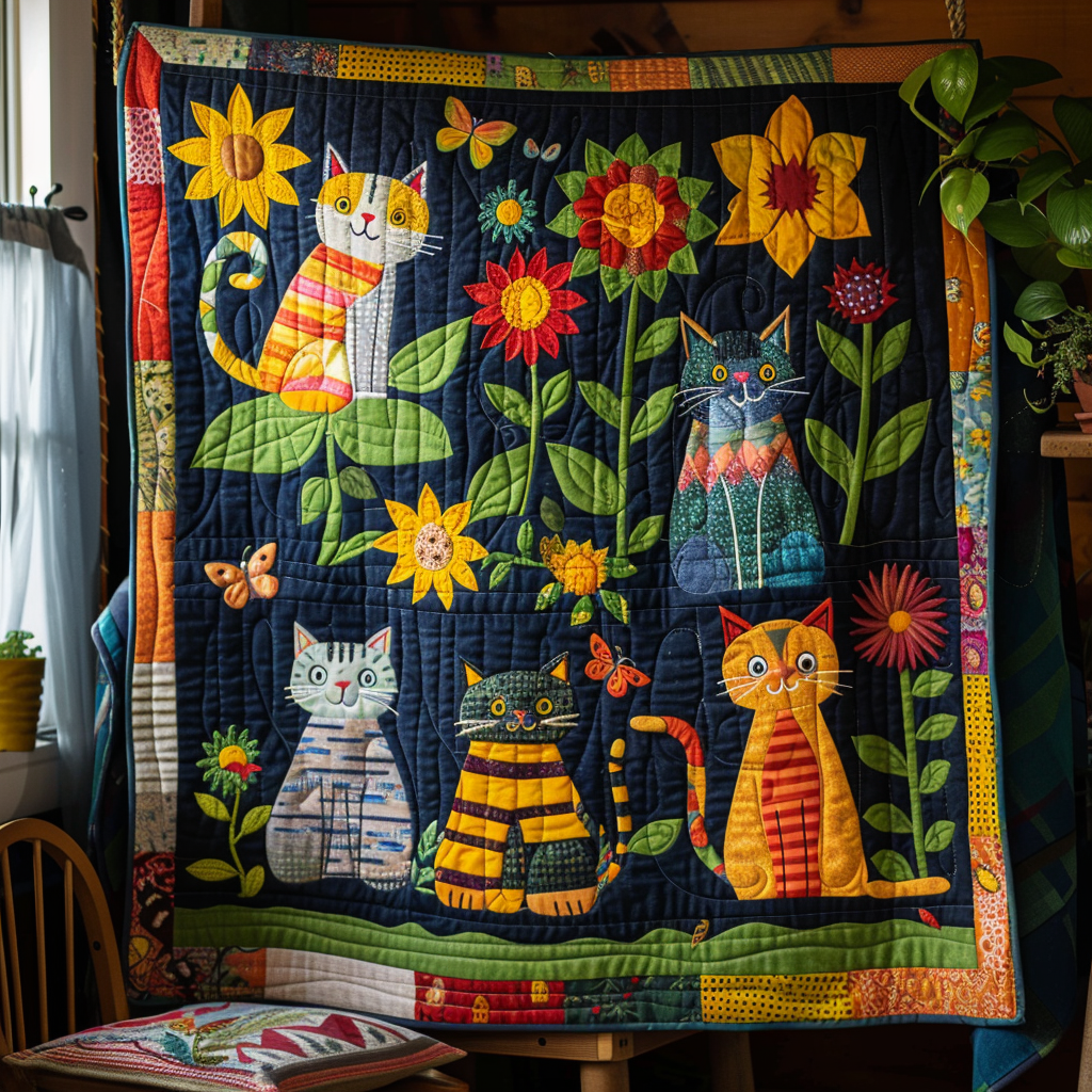 Playful Cats Quilted Blanket Boho Bedroom Furniture Cat Presents For Women