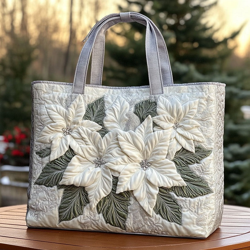 Poinsettia Snowy Petals Quilted Tote Bag Elegant Christmas Gifts For Mom