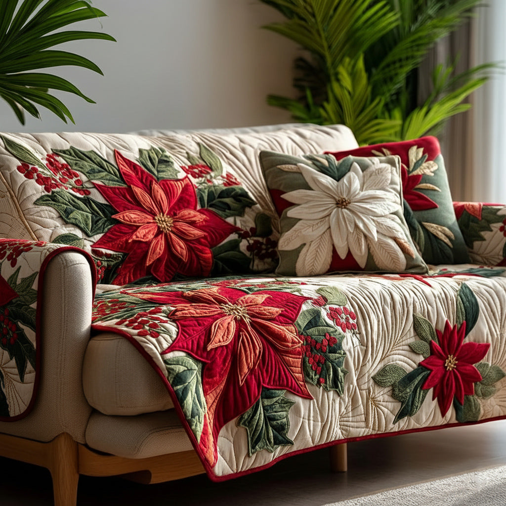 Poinsettia Winter Bloom Quilted Sofa Cover Christmas Living Decor Best Friend Presents