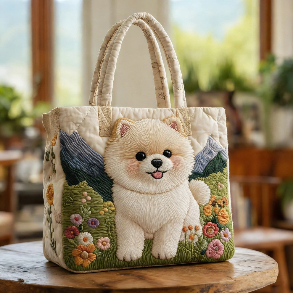 Pomeranian Quilted Tote Bag Floral Cute Dog Tote Bag Presents Ideas For Pomeranian Lovers