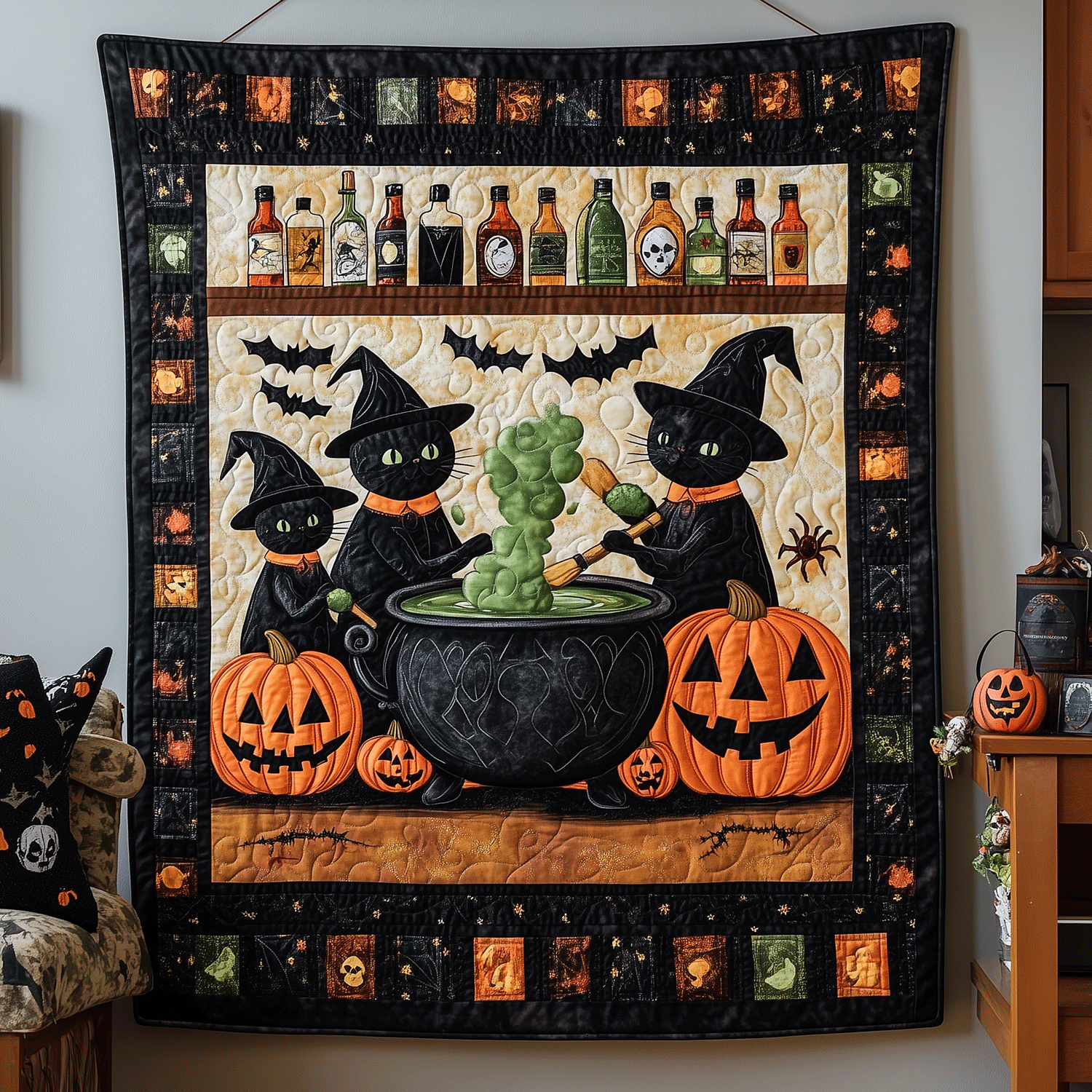 Potion Bubbles Cats Quilted Blanket Best Bedspread Set Presents For Cat People