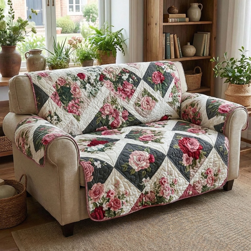 Prairie Rose Retreat Quilted Sofa Cover Country Floral Decor Gift For Gardeners