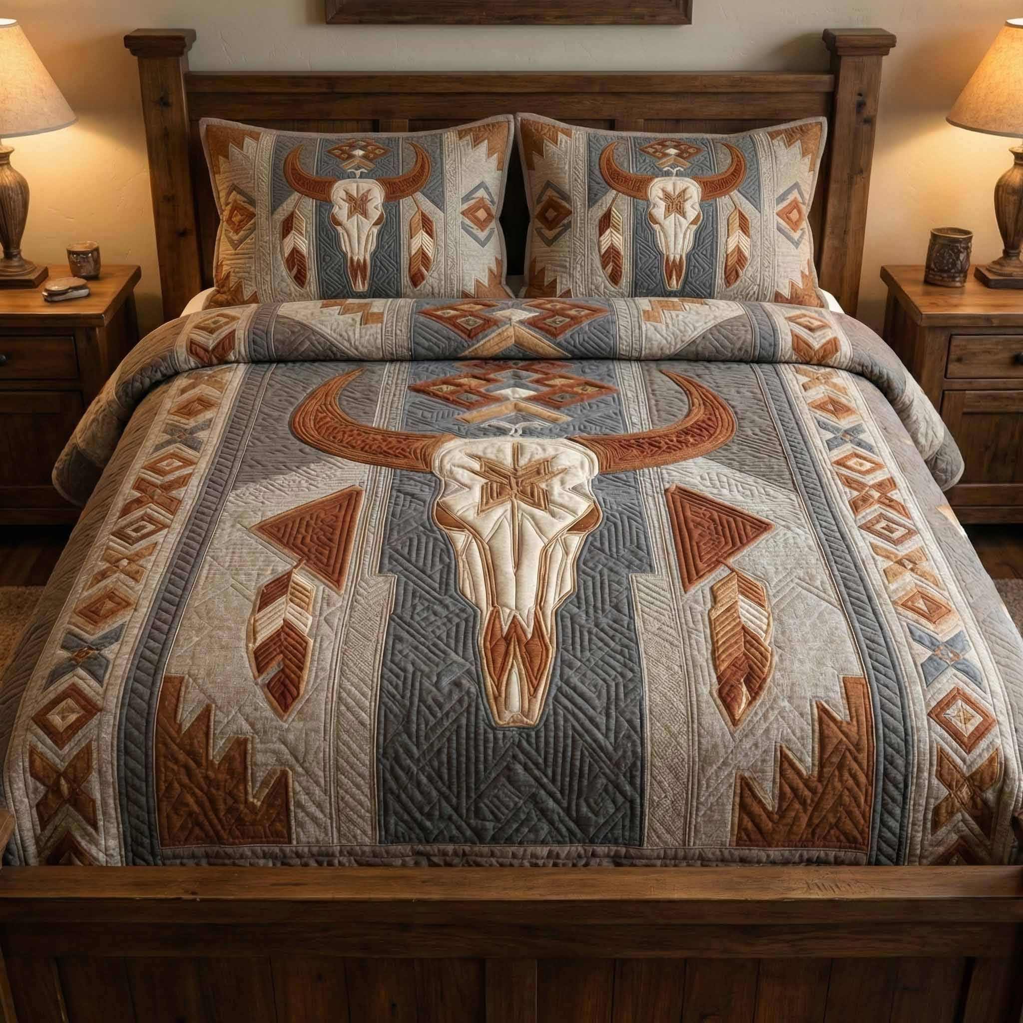 Prairie Skull Quilted Bedding Set Southwestern Home Decor Native American Gifts Father's Day