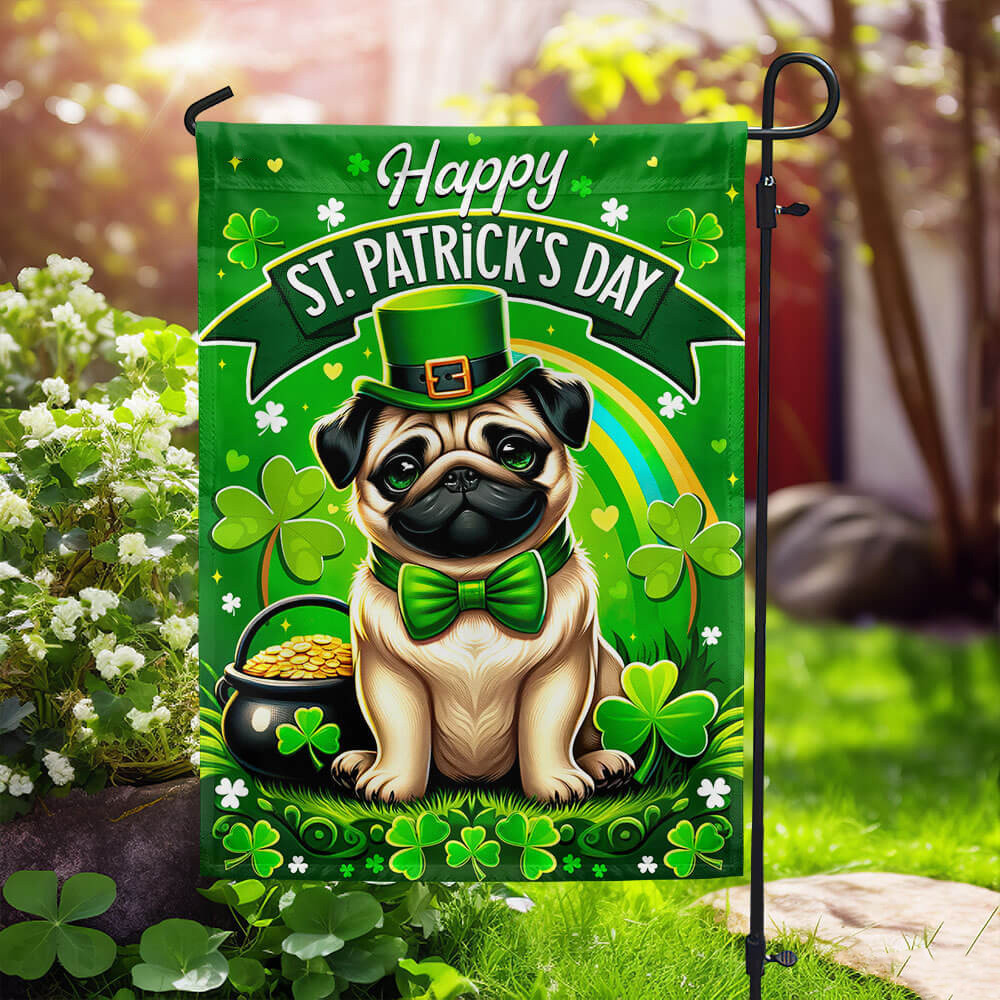 Pug Dog Happy St. Patrick's Day Flag Irish Shamrock Green Flag For Dog Lovers