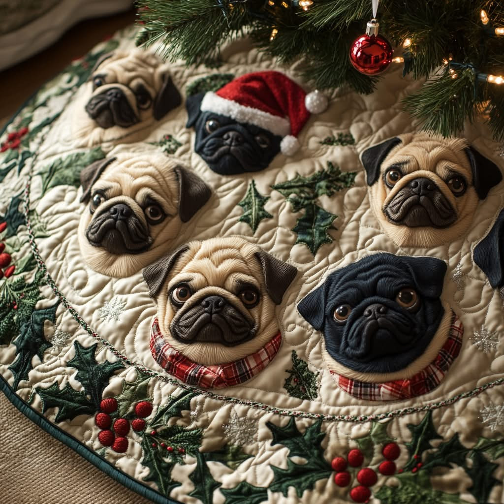 Pug Dog Quilted Christmas Tree Skirt Cute Xmas Decoration Gifts For Pug Lovers
