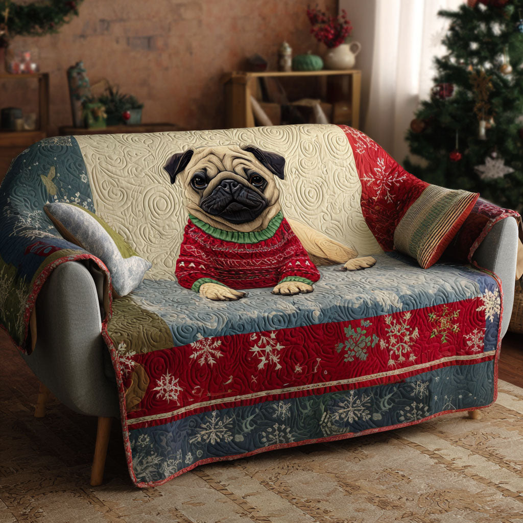 Pug in a Sweater Quilted Sofa Cover Christmas Living Decor Xmas Presents For Dog Lovers