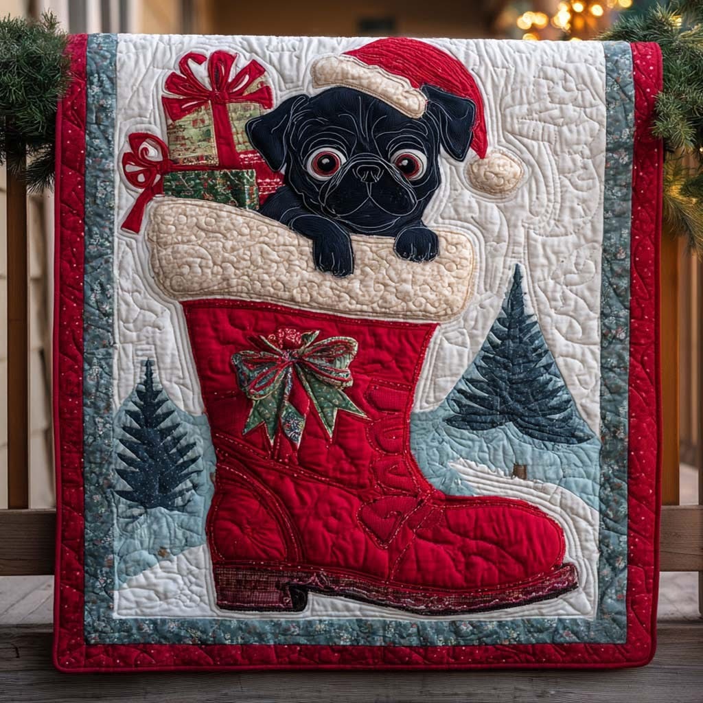 Pug In Boot Sock Christmas Quilt Blanket Holiday Xmas Decorations Pug Lover Owner Gifts