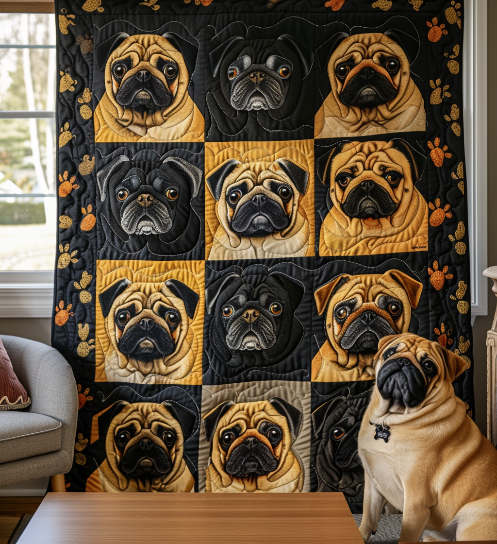 Pug Trail Quilted Blanket Bed Room Art Presents For Pug Lovers