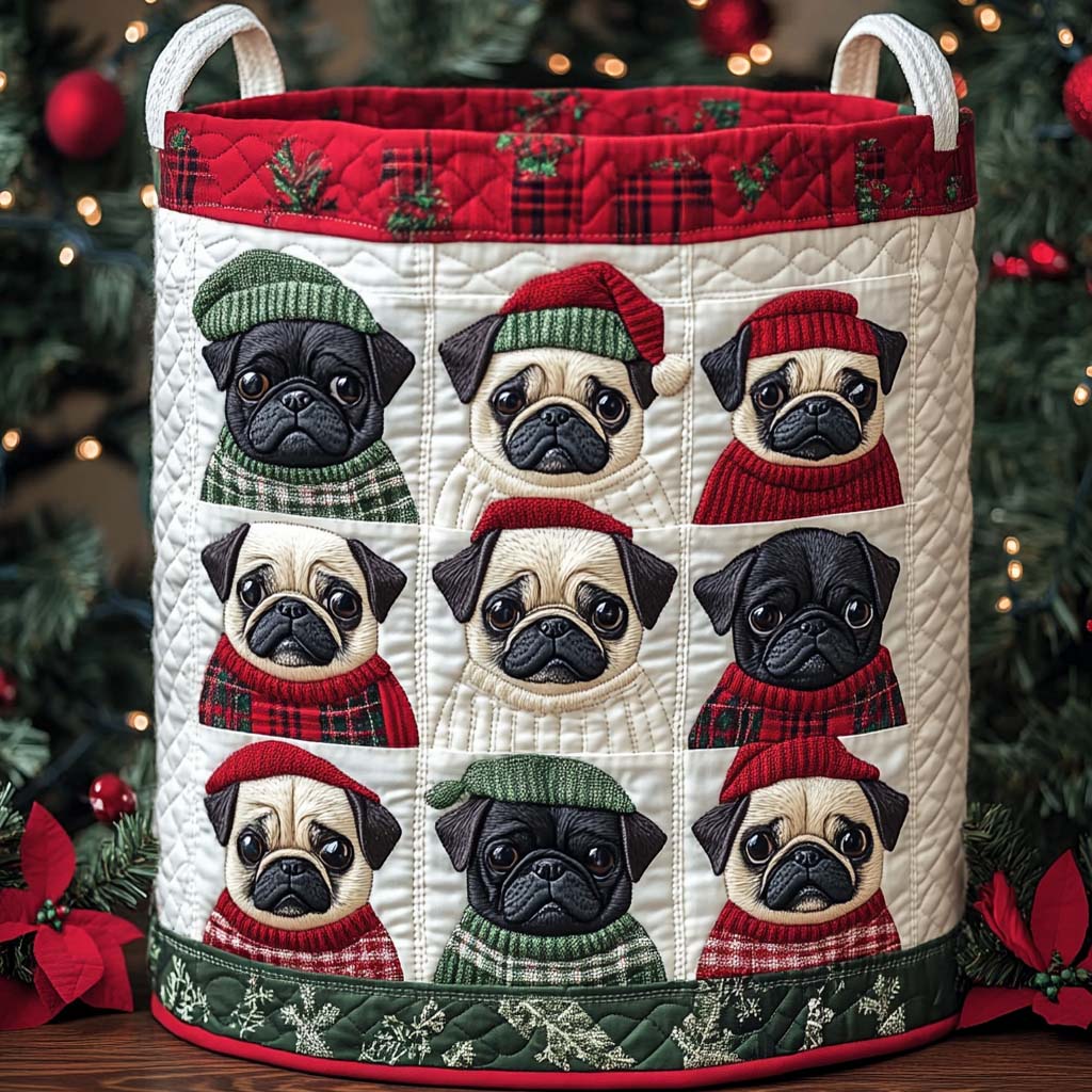 Pugmas Patchwork Joy Quilted Laundry Basket Large Capacity Quilted Laundry Basket for Clothes Storage