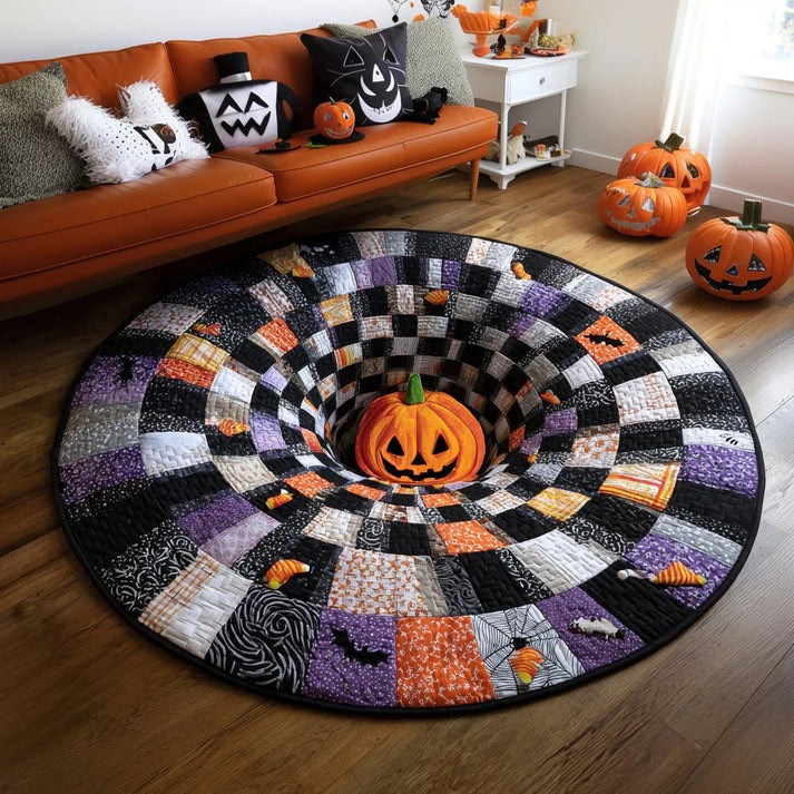 Pumpkin Spiral Halloween Whirl Quilted Round Mat Circle Rug Carpet Autumn Fall Decorations