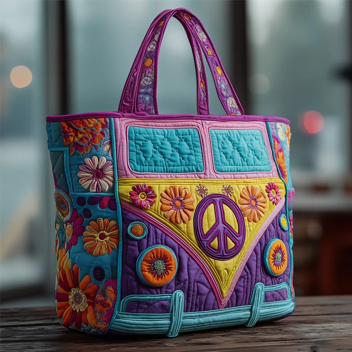 Purple Hippie Van Quilted Tote Bag Boho Floral Peace Bag Best Gift For Hippie Women