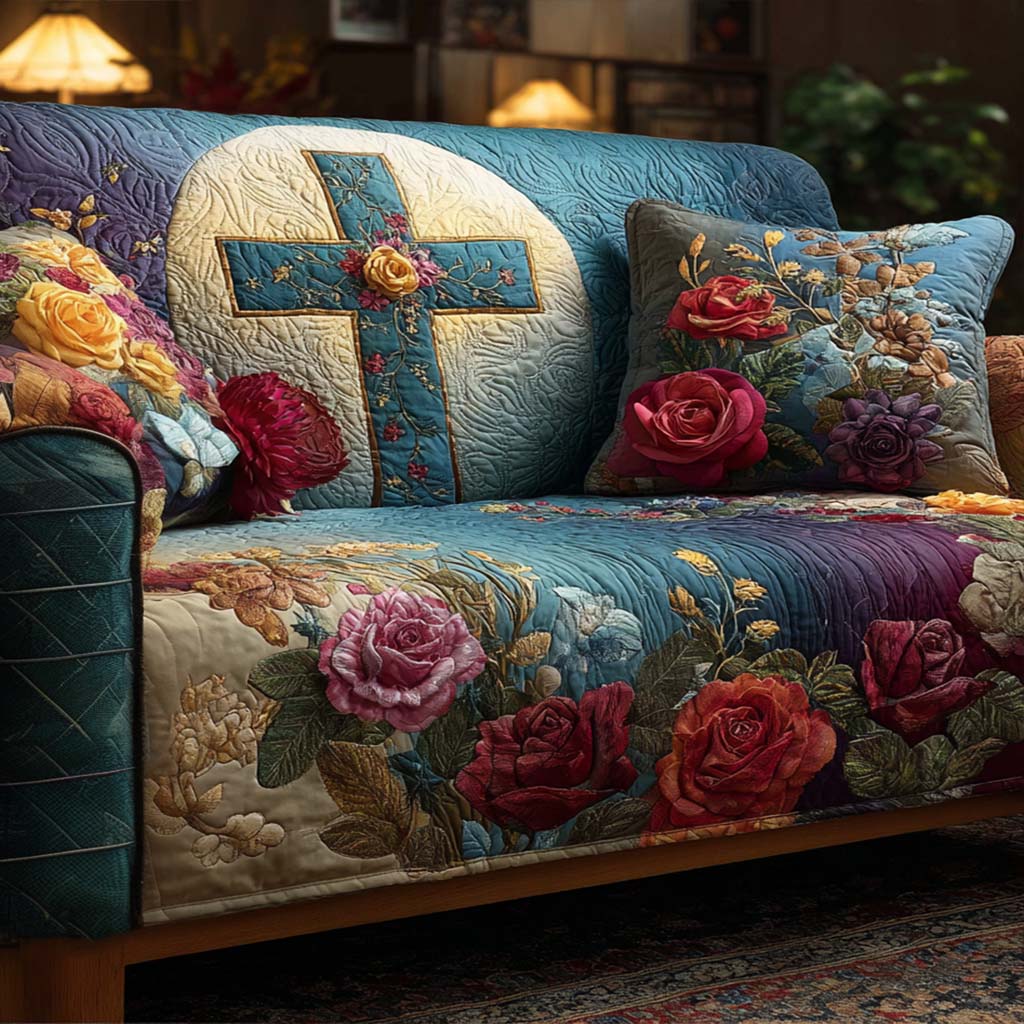 Radiant Cross Symbol Quilted Sofa Cover Slipcover Sofa Christian Christmas Presents