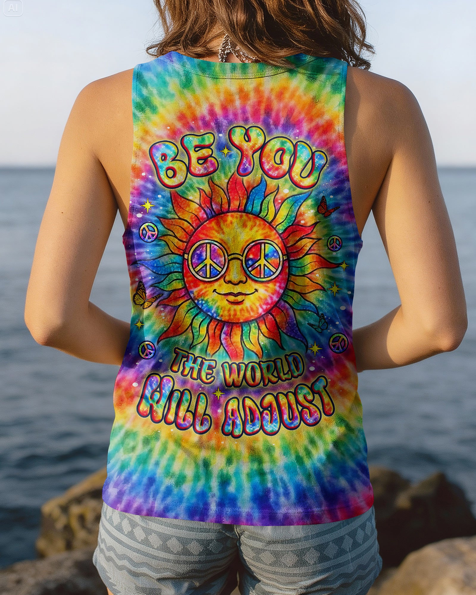 Rainbow Be You The World Will Adjust Tank Top Sun Rainbow Spiral With Peace Sign Gift For Her