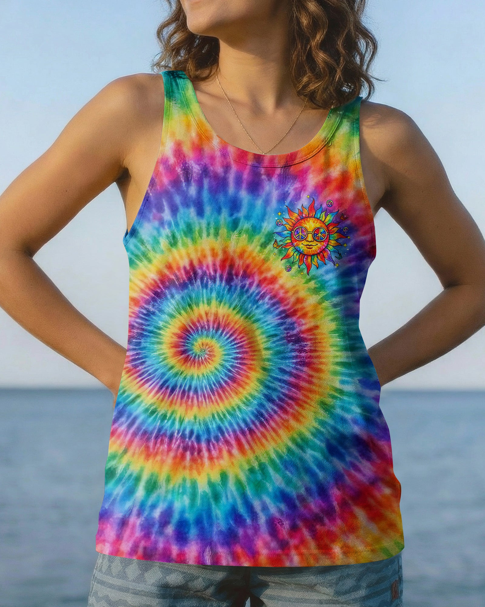 Rainbow Be You The World Will Adjust Tank Top Sun Rainbow Spiral With Peace Sign Gift For Her - Image 2