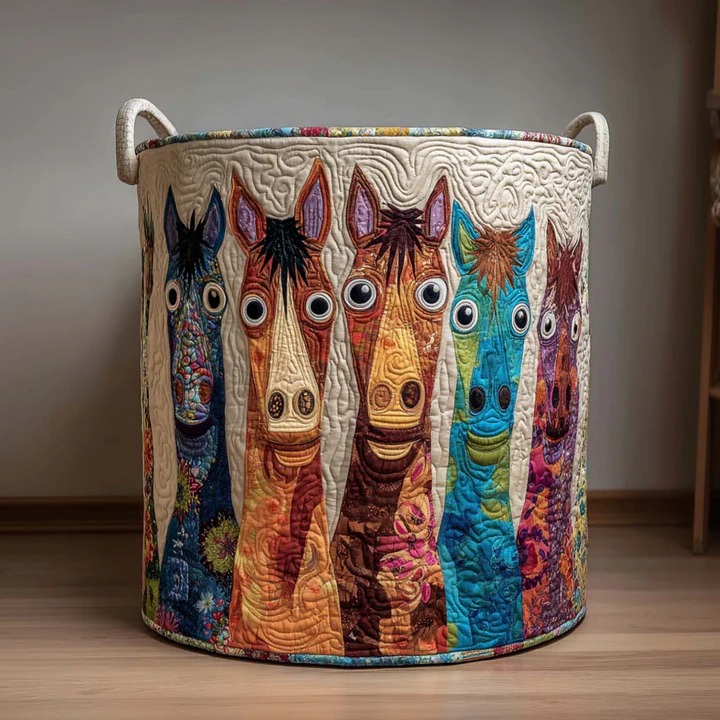 Rainbow Horses Quilted Laundry Basket Colorful Boho Horse Home Storage Best Gift For Horse Lovers