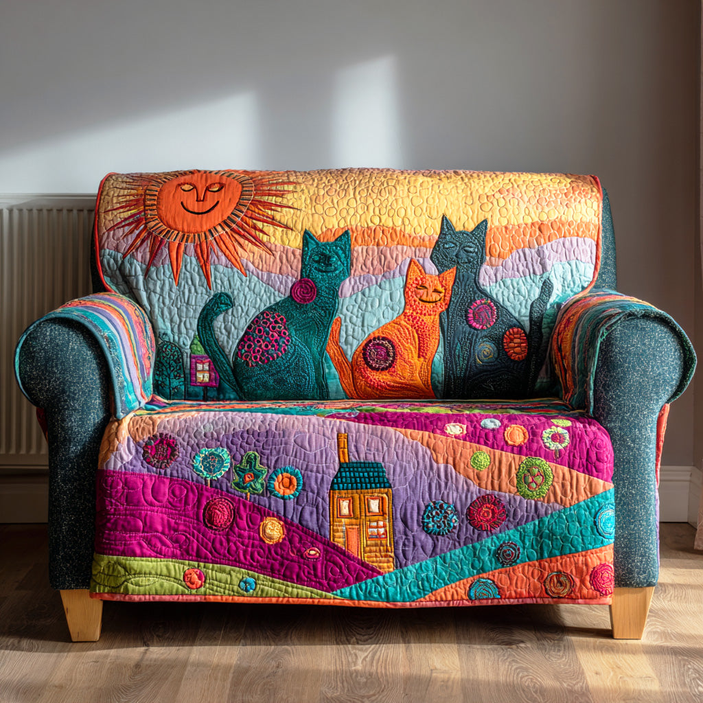 Rainbow Paws Parade Quilted Sofa Cover Living Room Decor Good Gifts For Cat Lovers