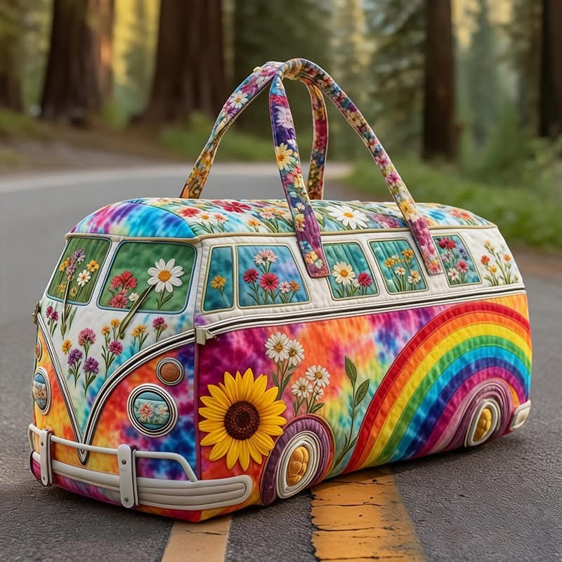 Rainbow Peace Sign Quilted Duffle Bag Boho Floral Travel Bag Gift For Men
