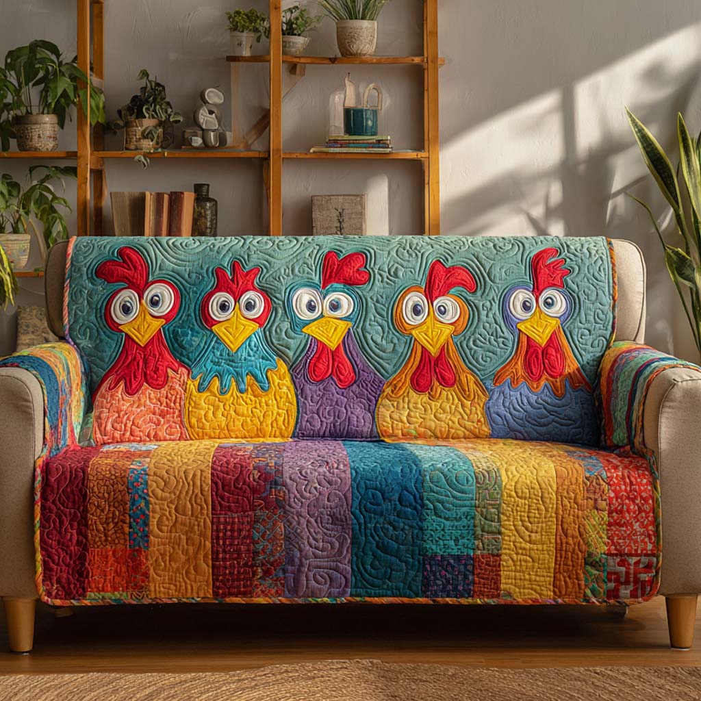 Rainbow Rooster Row Quilted Sofa Cover Living Room Decor Ideas Gifts With Chickens On Them