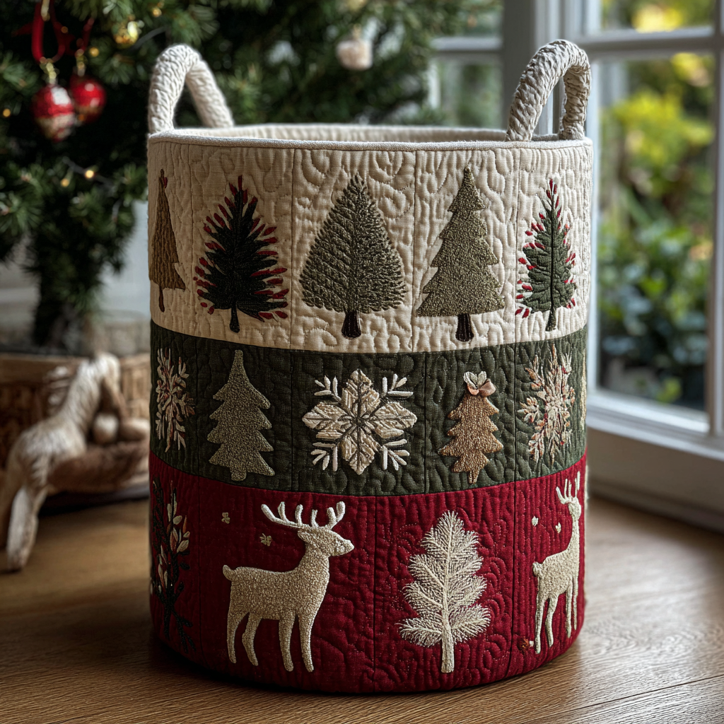 Reindeer Joy Quilted Laundry Basket Durable Quilted Laundry Basket for Home Organization