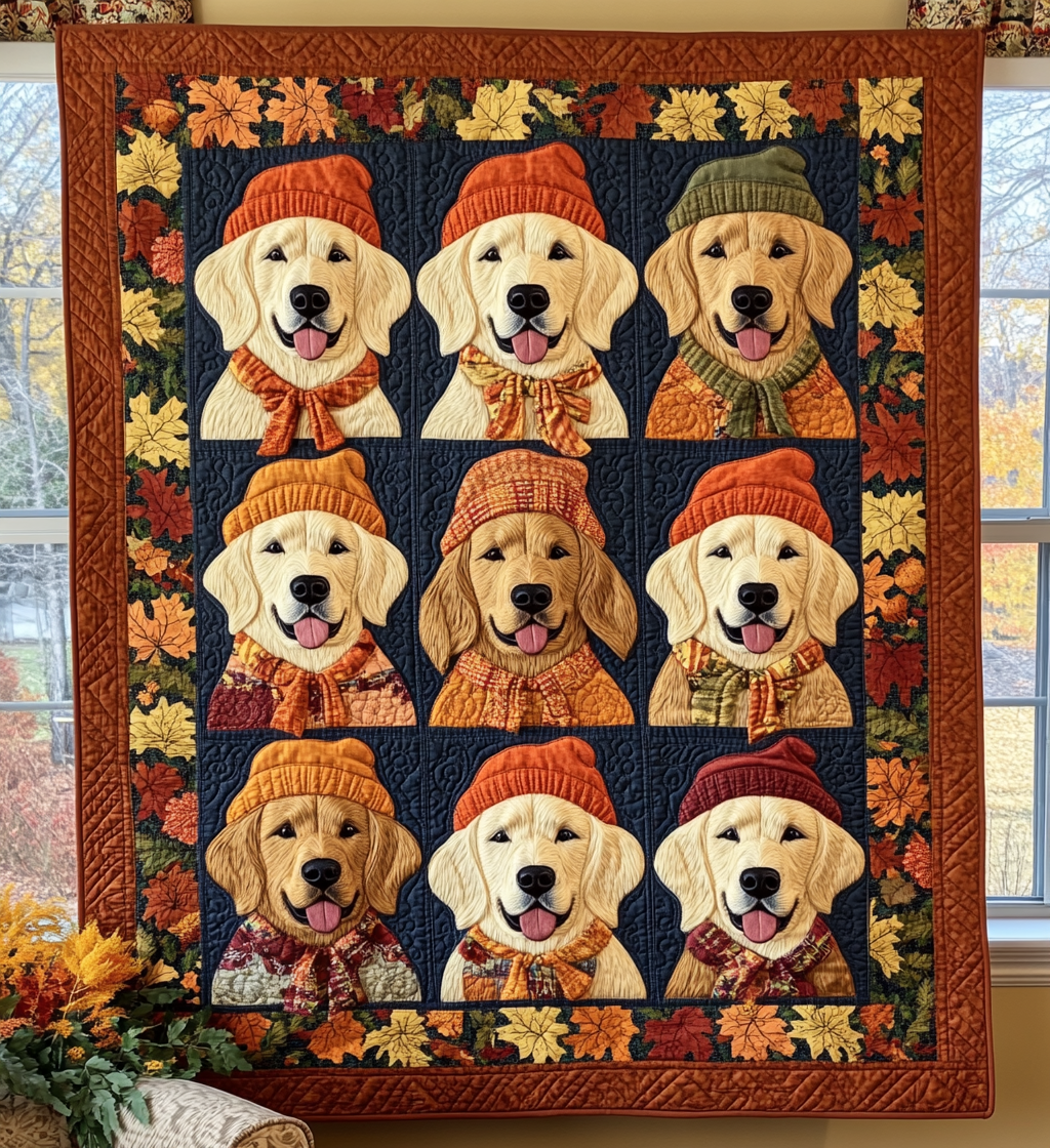 Retriever Autumn Vibes Quilted Blanket Good Bed Sets Golden Retriever Gifts For Owners