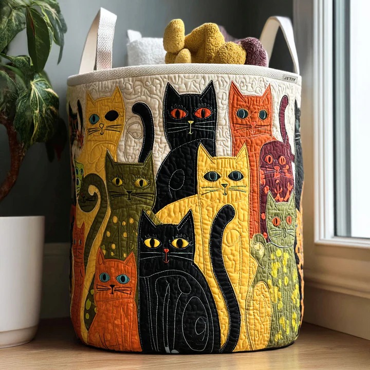 Retro Cat Carnival Quilted Laundry Basket Colorful Cat Lover Bin Best Gift