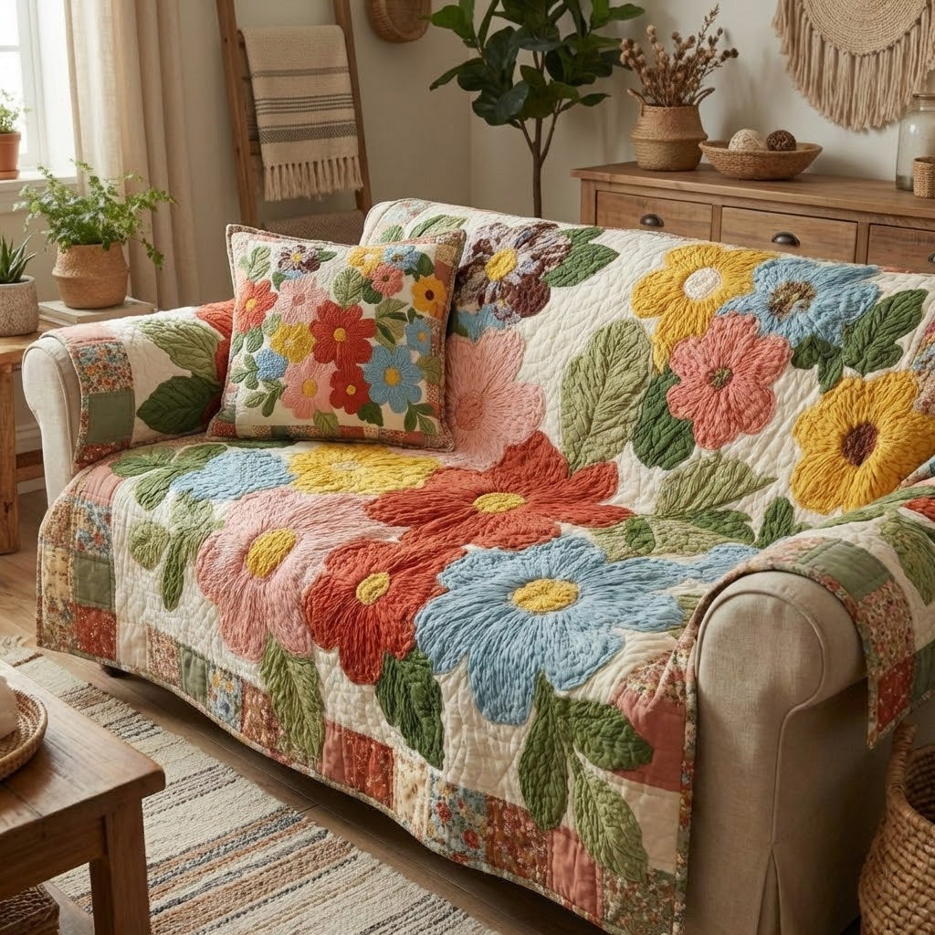 Retro Daisy Quilted Sofa Cover Large Couch Cover Hippy Gifts For Him