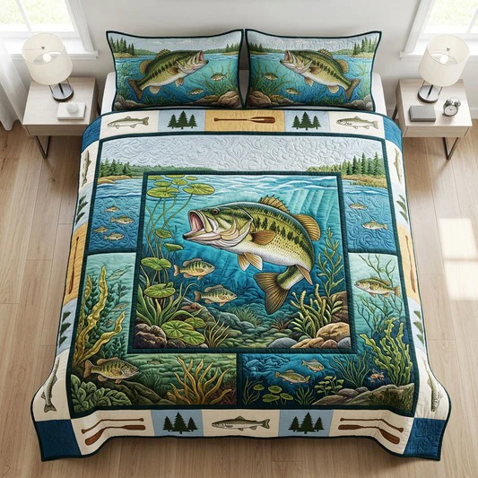 River Trophy Quilted Bedding Set Fishing Cabin Bedroom Decor Cozy Home Gift For Anglers