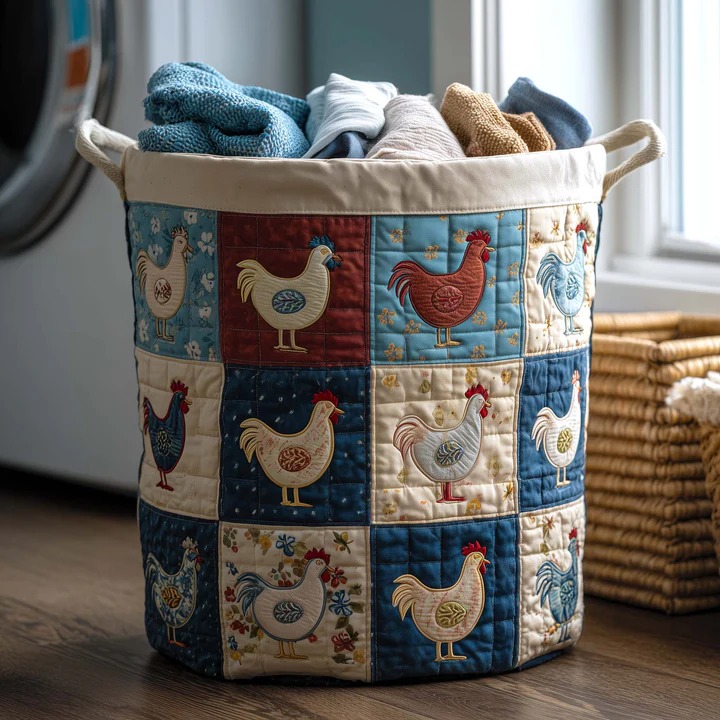 Rooster Farm Chicken Quilted Laundry Basket Farmhouse Home Decor Unique Best Gift For Chicken Lovers