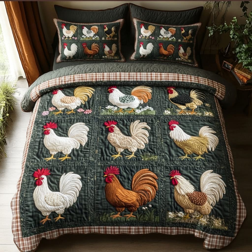 Rooster Parade Quilted Bedding Set Farmhouse Bedspread Set Bedroom Decor Gifts For Farmers