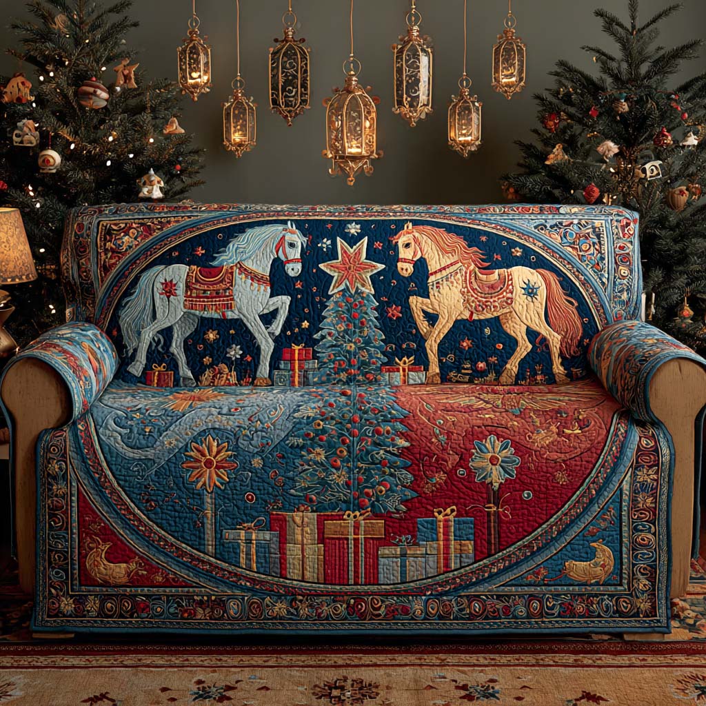 Royal Blue Festive Horses Quilted Sofa Cover Christmas Living Decor Inexpensive Gifts For Horse Lovers