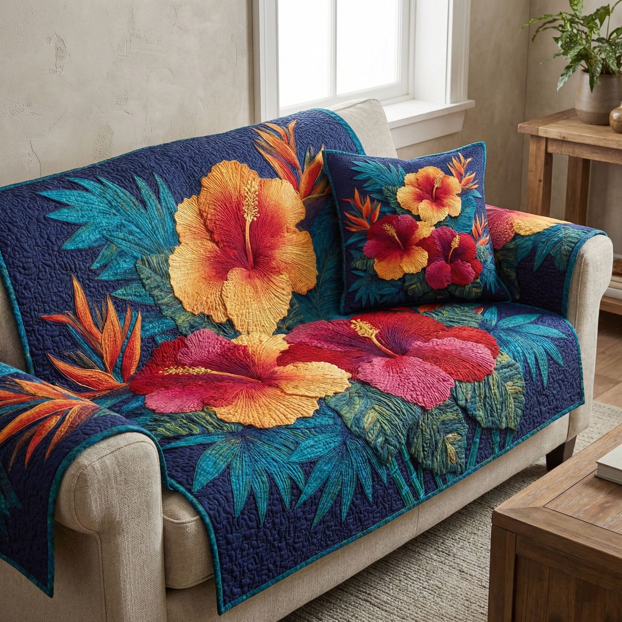 Royal Hibiscus Quilted Sofa Cover Living Room Decor Ideas Special Birthday Gifts For Mom