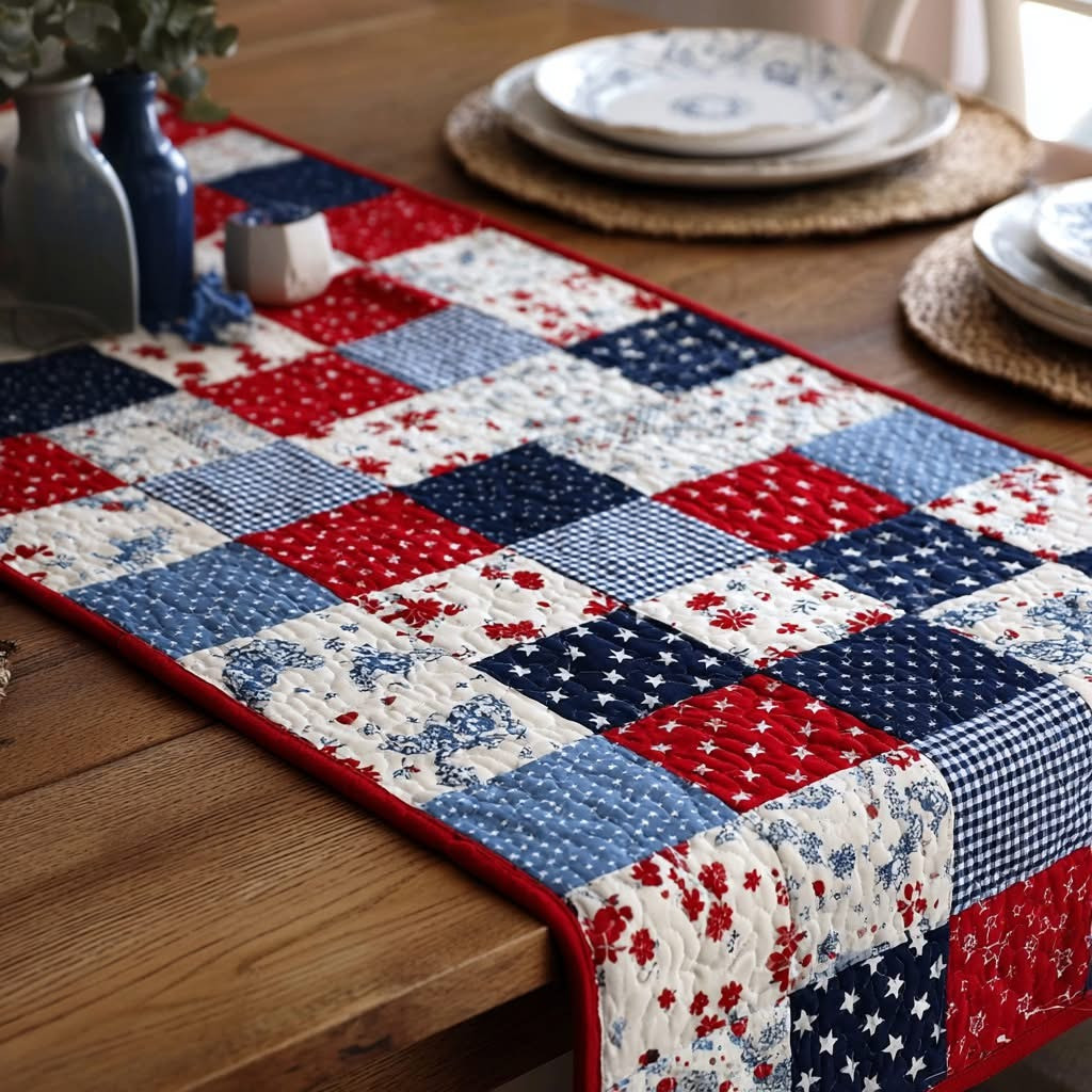 Rustic Americana Quilted Table Runner Patriotic Dining Table Decor 4th Of July Gifts