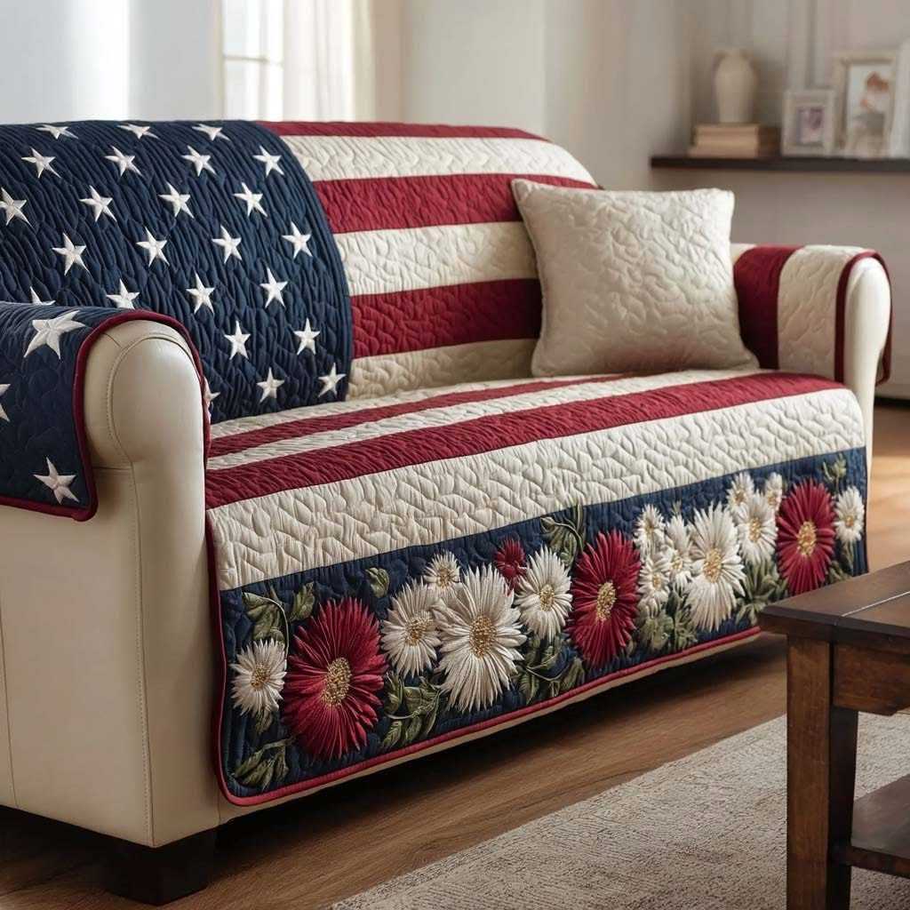 Rustic Anthem Quilted Sofa Cover Patriotic Sofa Cover Slipcover Best 4th Of July Gifts