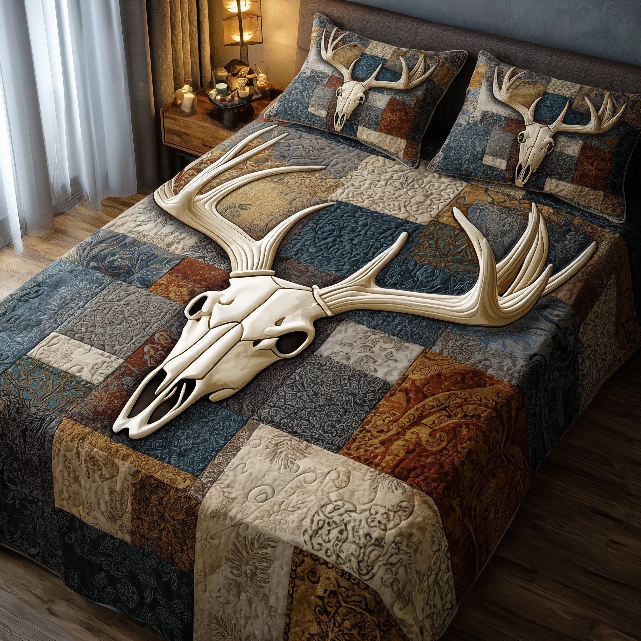 Rustic Antler Quilted Bedding Set Hunting Cabin Bedroom Decor Best Gift For Hunters