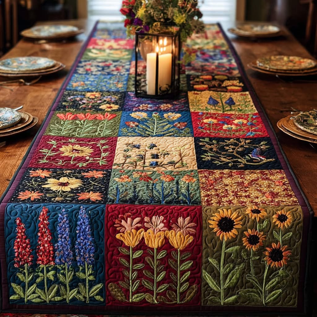 Rustic Bloom Quilted Table Runner Floral Table Runner Dining Room Decor Gifts For Wife