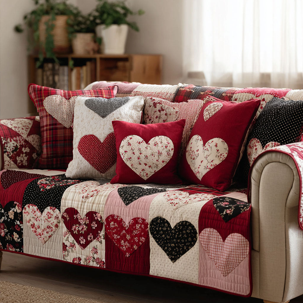 Rustic Comfort Hearts Quilted Sofa Cover Cute Sofa Slipcovers Gift For Couples