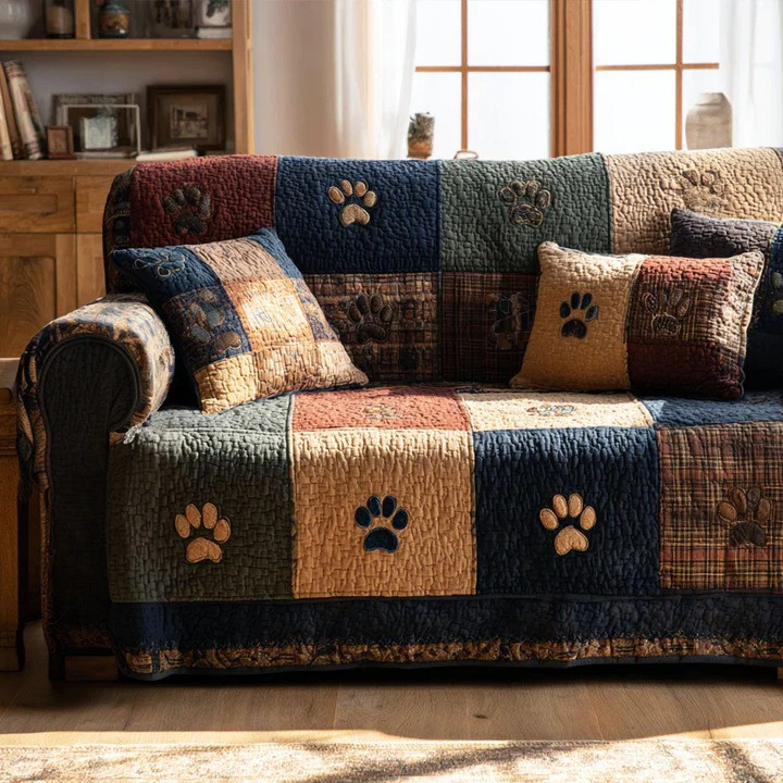 Rustic Paw Quilted Sofa Cover Country Dog Lover Furniture Protector Best Gift For Pet Lovers