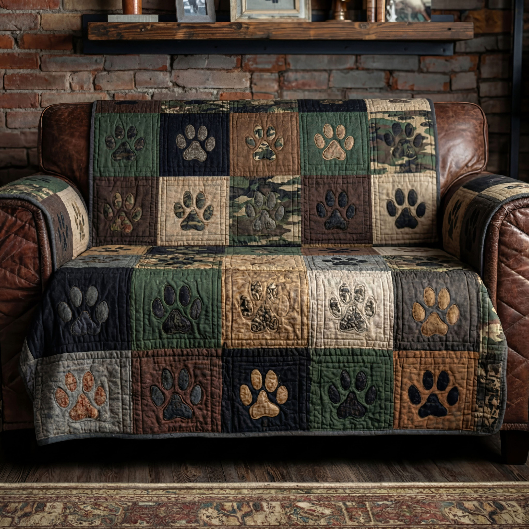 Rustic Trail Paw Quilted Sofa Cover Patchwork Sofa Protector Father's Day Gifts For Dog Lovers
