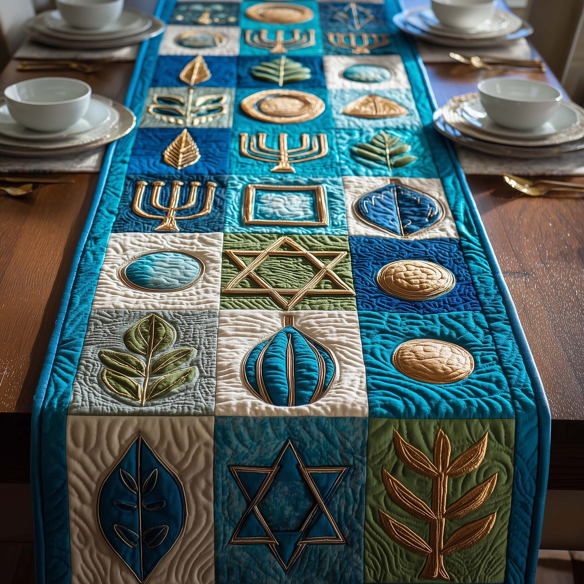 Sacred Blue Quilted Table Runner Star Of David Table Runner Hanukkah Jewish Holiday Home Decor