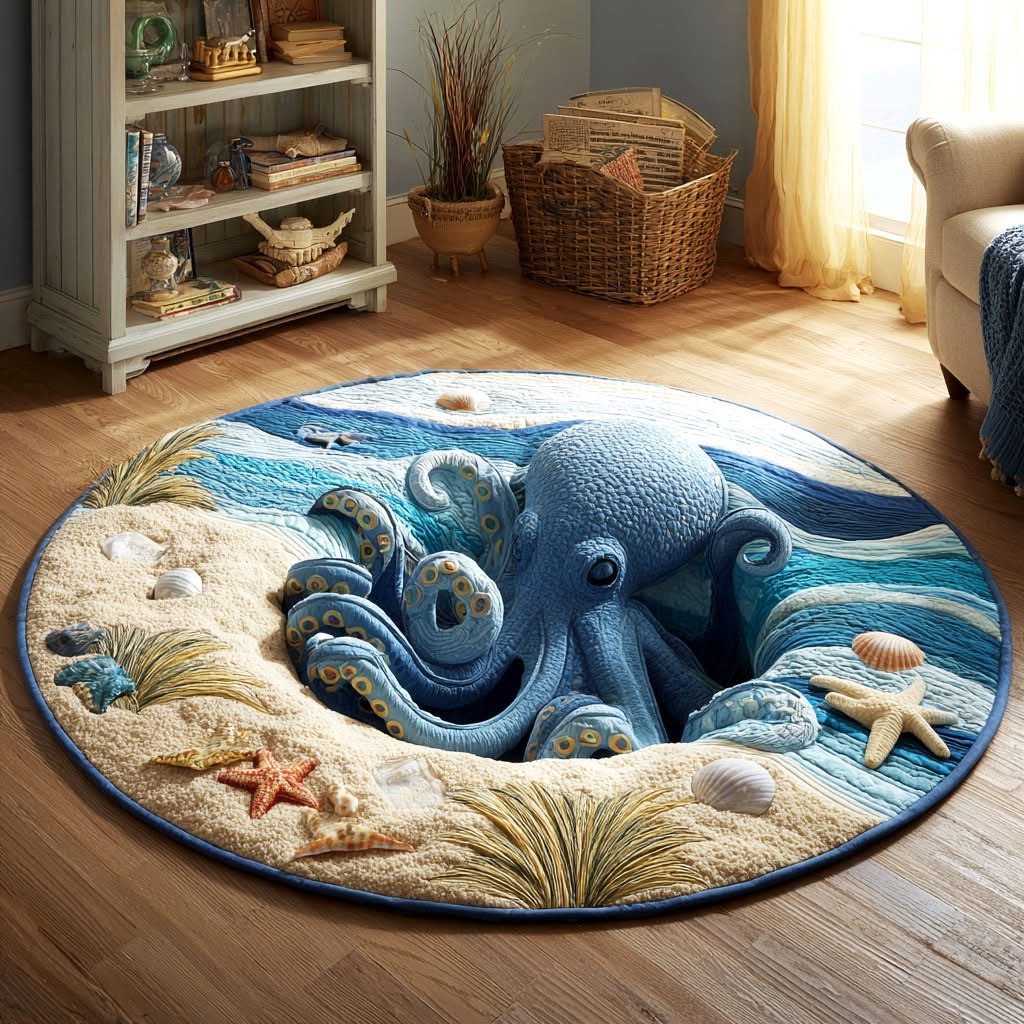 Sandy Octopus Abyss Tentacles Quilted Round Mat Whimsical Beach Whirl Hole Area Circle Rug
