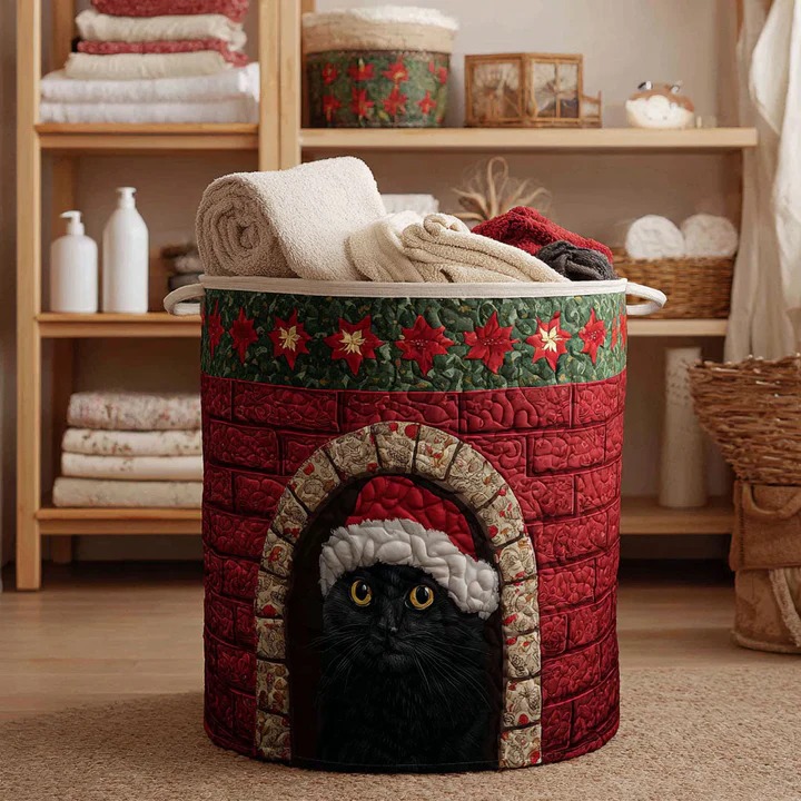 Santa Chimney Cat Quilted Laundry Basket Christmas Holiday Black Cat Home Decor Gift For Cat Lovers