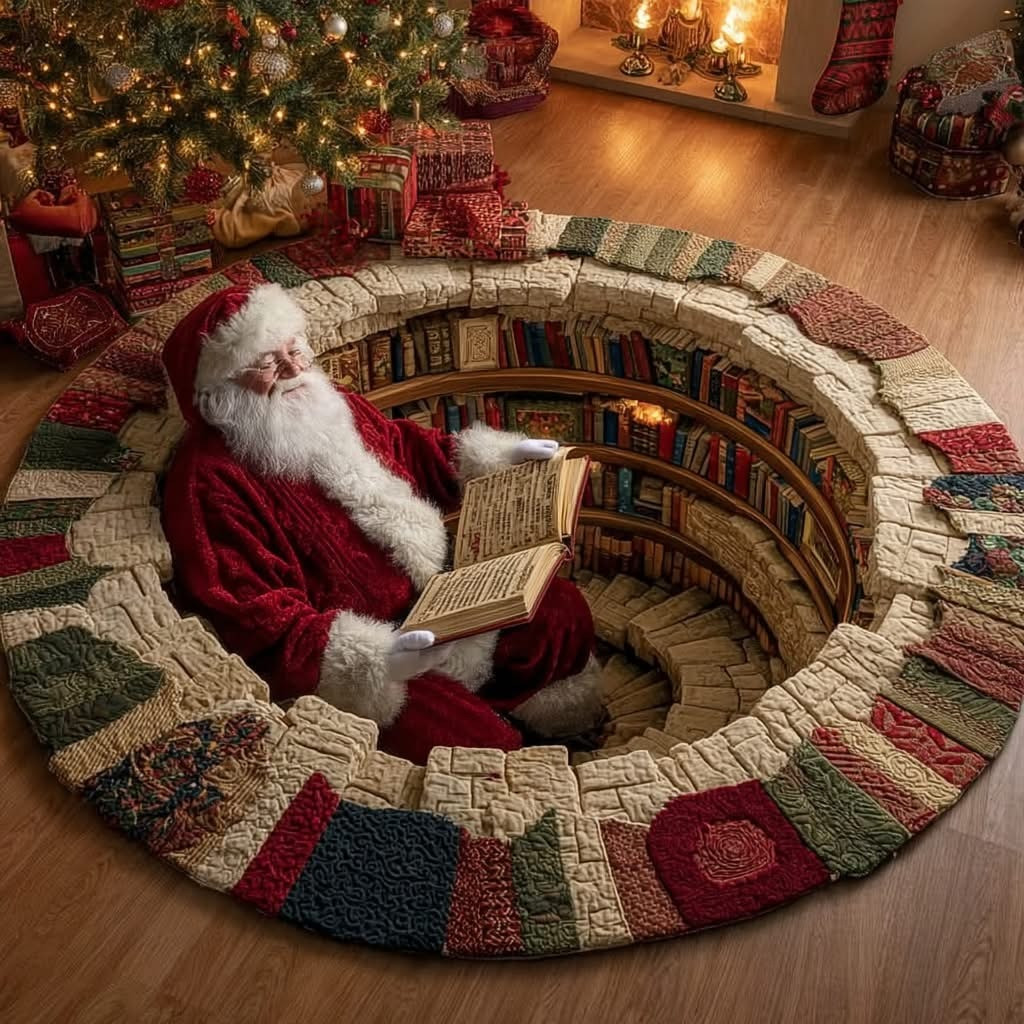 Santa Claus Library Christmas Round Mat Circle Rug Decorations Gifts For Book Lovers